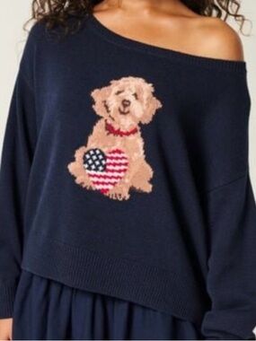 Hollister Off-Shoulder Sweater with Dog and Flag Heart